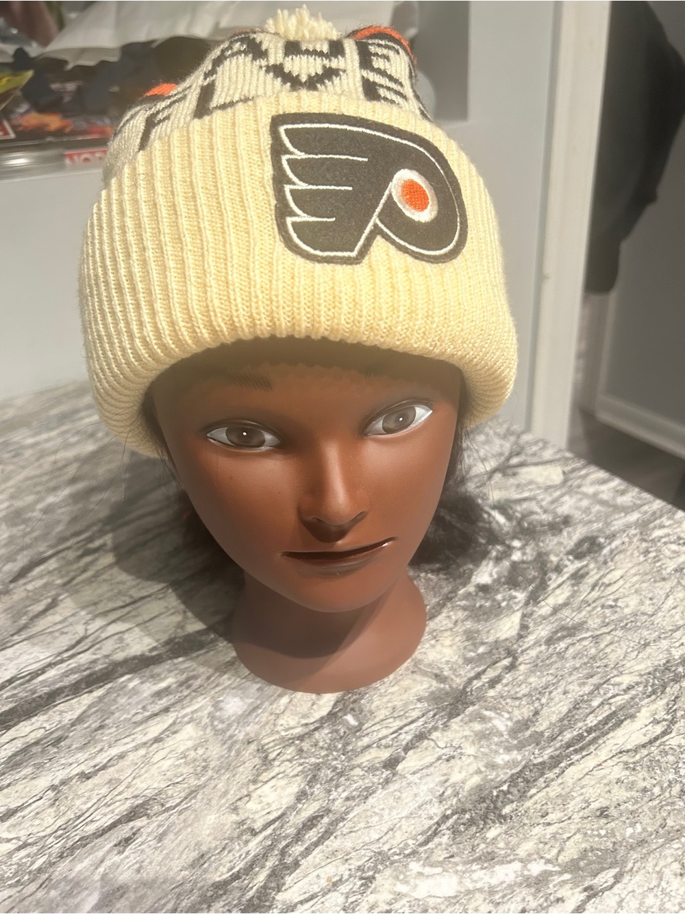 NHL Philadelphia Flyers Cream Pom Beanie with Orange & Black Logo